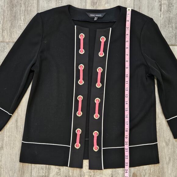 Ming Wang Cardigan Womens Size XS Black Open Front Pink Ribbon Grommet Trim - Picture 2 of 11